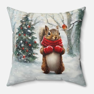 Almohada de ardilla navideña de invierno - Amante de las ardillas - ALMOHADA DE 2 LADOS INCLUIDA - Cojín navideño acogedor - Decoración de granja - Almohada de ardilla gris