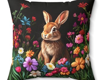 Spring Rabbit Floral Pillow  2 SIDED PILLOW INCLUDED Woodland Decor Pillow Home Decor Black Throw Pillow Bunny Rabbit Easter decor
