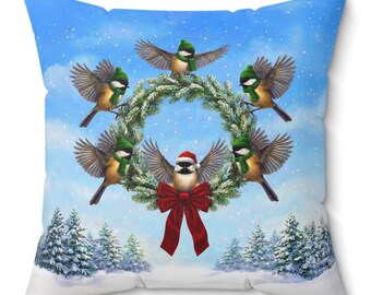 Winter vogels kerst kussen vogel krans strik 2-ZIJDIG KUSSEN INBEGREPEN vogelliefhebber cadeau sneeuw bos vakantie kussen boerderij decor chickad