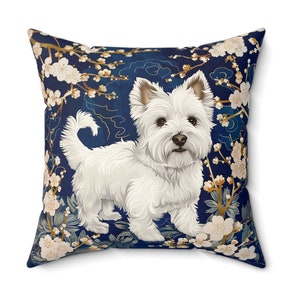Westie Terrier Pillow blue floral cushion SIDED PILLOW INCLUDED West Highland White Terrier Lover Gift pillow floral gold navy pet decor