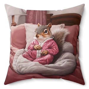 Almohada de ardilla Ardilla en pijama ALMOHADA DE 2 CARAS INCLUIDA Cojín de ardilla para la hora de dormir Regalo para amantes de las ardillas Almohada rosa ardilla en pijama