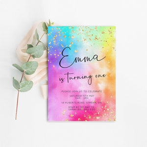 Regenbogen Geburtstagseinladung Ombre Pastell Einladung Bunt Aquarell Splash Gold Glitzer Sprinkles Tie Dye Printable Digital einladen 509