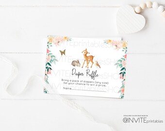 Diaper Raffle Card Bambi Baby Shower Diaper Insert Floral Fairy Garden Woodland Animal Enchanted Forest Glitter Fawn Deer Instant Download
