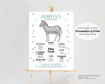 Watercolor Zebra Baby Milestone Board First Birthday Poster Welcome Board 1st Birthday Baby Keepsake Milestone Sign Modern Jungle 256
