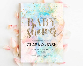 Pastel Rainbow Baby Shower Invitation, Pastel Watercolor, Colorful Ombre Splash with Gold Glitter - Teal Blue, Orange, Yellow Pink D10261