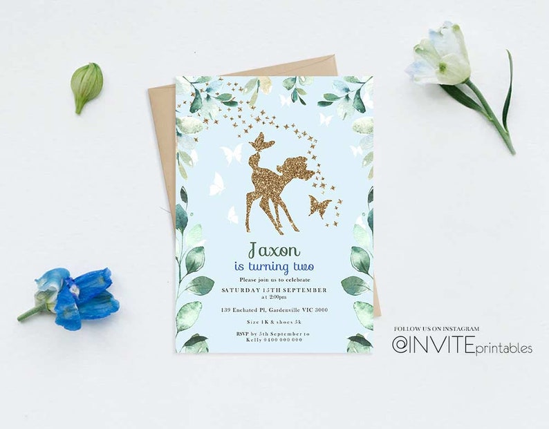 Bambi Boy Birthday Invites Deer Birthday Invitations Woodland Bambi Birthday Invites Gold Glitter Birthday Invites Blue Boy Birthday Party