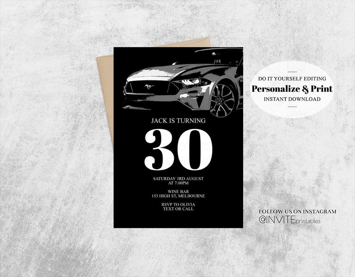 Car Mustang Birthday Invitation Ford Mustang Invitation Etsy