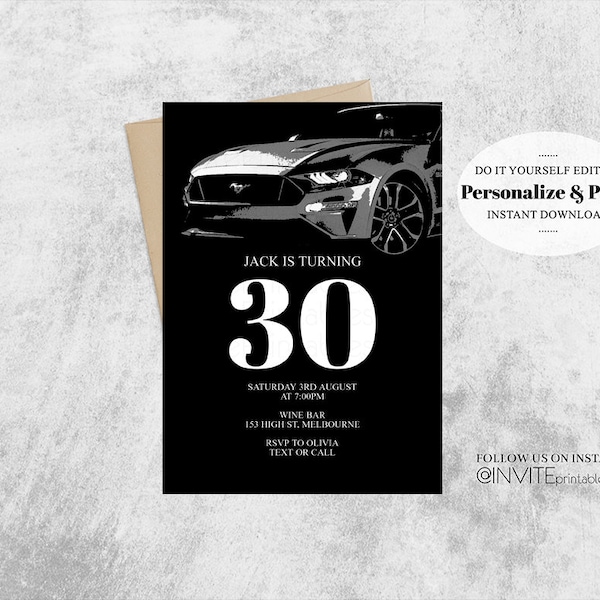 Car Mustang Birthday Invitation, Ford Mustang Invitation, Mustang Invite, Ford Birthday Invitation, Black, Mustang, Ford Black Grey