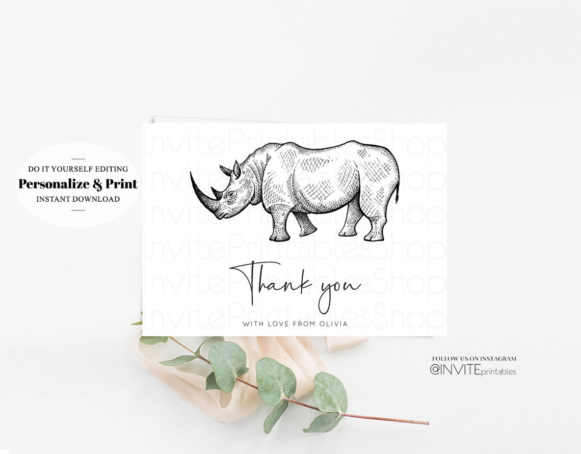 Rhino Thank You Card Watercolor Rhino Tropical Jungle Safari | Etsy