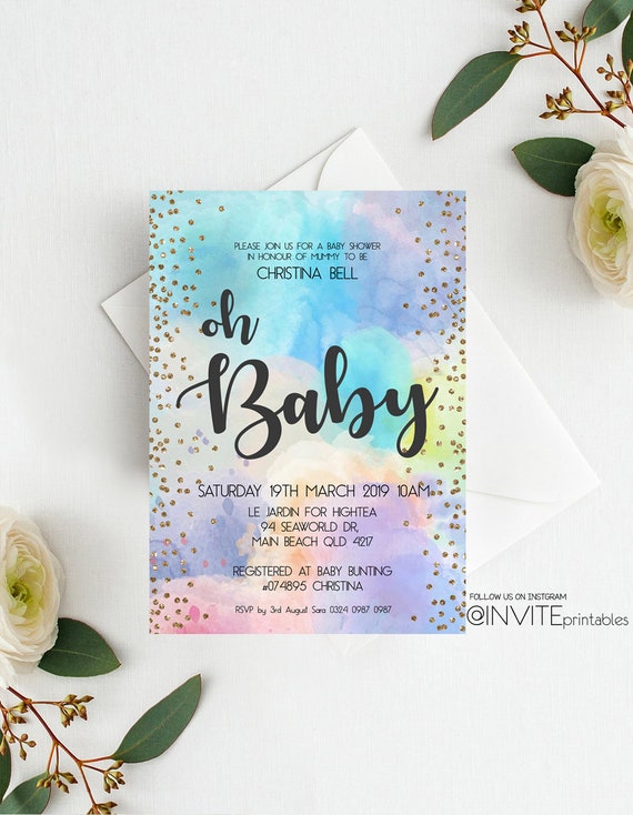 Baby Shower Invitations Invites Rainbow Pastel Invite Watercolor Gold Foil