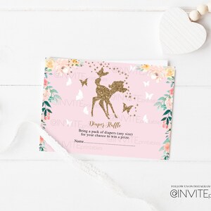 Diaper Raffle Card Bambi Baby Shower Diaper Insert Floral Fairy Garden Woodland Animal Enchanted Forest Glitter Fawn Deer Instant Download