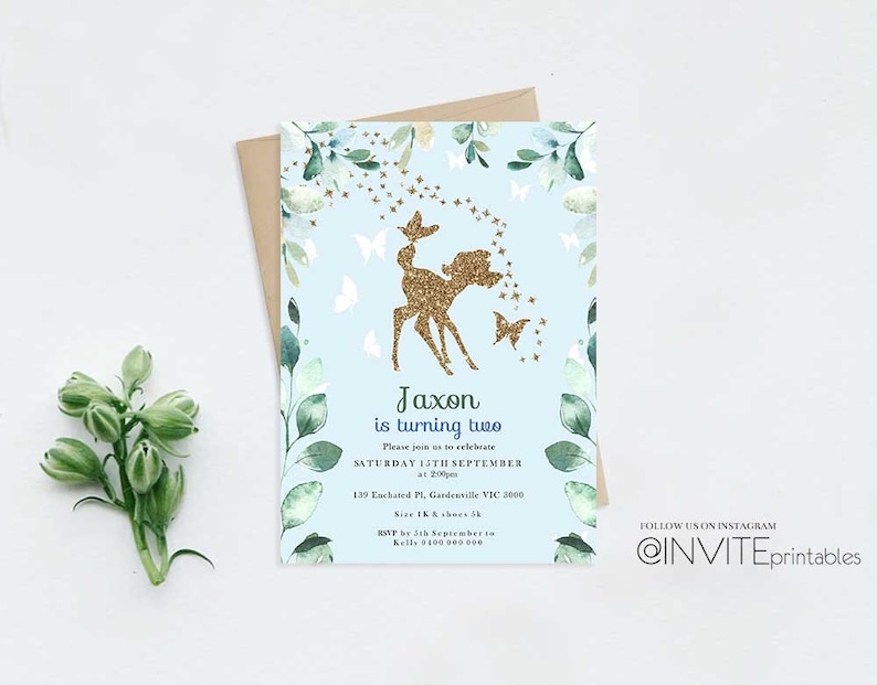 Bambi Boy Birthday Invites Deer Birthday Invitations Woodland Bambi Birthday Invites Gold Glitter Birthday Invites Blue Boy Birthday Party