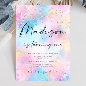 Rainbow Birthday Invitation Pastel Birthday Invite Ombre Rainbow Invite Colorful Watercolor Invite Glitter Clouds Invite 1st 2nd 3rd 589v4