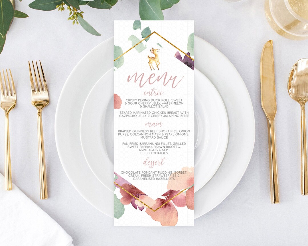 Fawn Menu Deer Menu Template Pastel Floral Deer Table Decor Enchanted ...