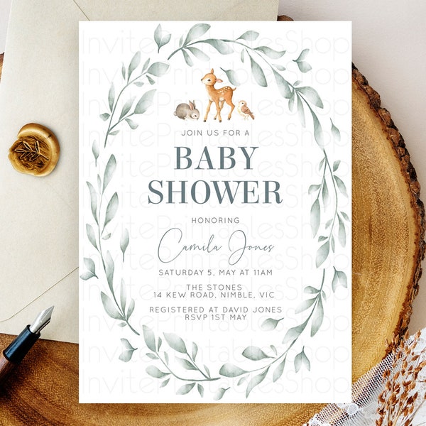 Fawn Baby Shower Invitation, Enchanted Forest, Whimsical Deer, Cute Bunny And Bird, Woodland, Leafy Crown, Organic Green Tone D10872