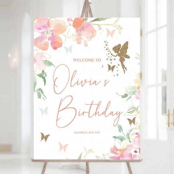 Fairy Birthday Board Pink Floral Fairy Welcome Sign Magic Floral Garden Whimsical Butterflies Welcome Poster Watercolor Gold Glitter 91