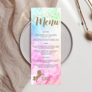 Unicorn Rainbow Menu Template Pastel Unicorn Menu Magical Ombre Unicorn Table Decor Colorful Watercolor Dinner Dessert Food Menu D10452
