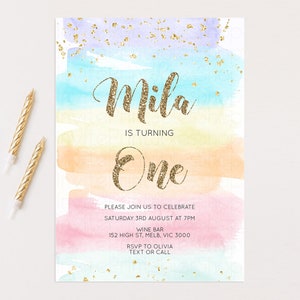 Rainbow Birthday Invitation Pastel Birthday Invitation Colorful Watercolor Invite Ombre Pastel Invitation Gold Glitter Sprinkles Invite 525