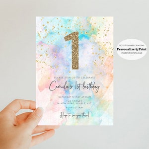 Rainbow Birthday Invitation Colorful Watercolor Gold Glitter Sprinkles Ombre Pastel Invitation 1st 2nd 3rd Printable Editable Invite 276v3