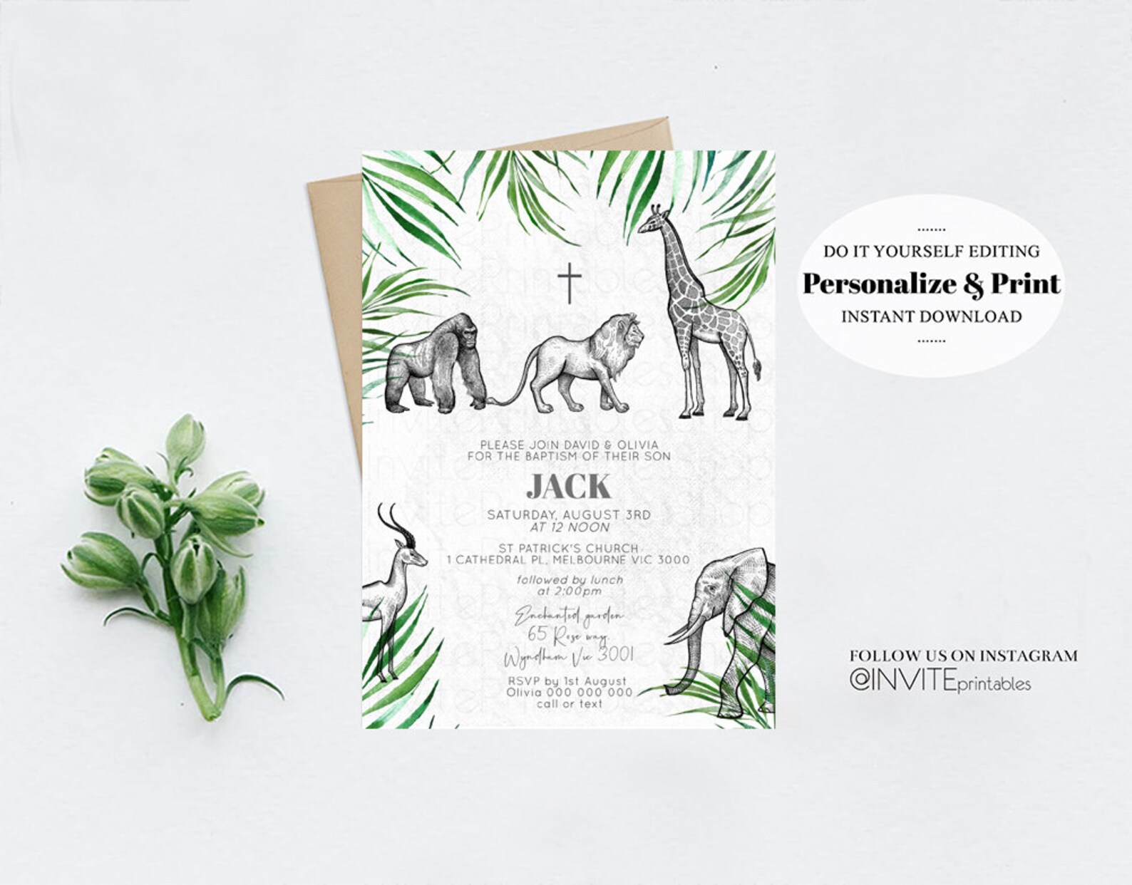 Jungle Animals Baptism Invitation Tropical Jungle Christening Etsy