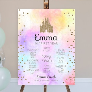Princess First Birthday Milestone Poster Pastel Princess Milestone Board Pastel Rainbow Colorful Enchanted Castle 1st Birthday Sign D10148