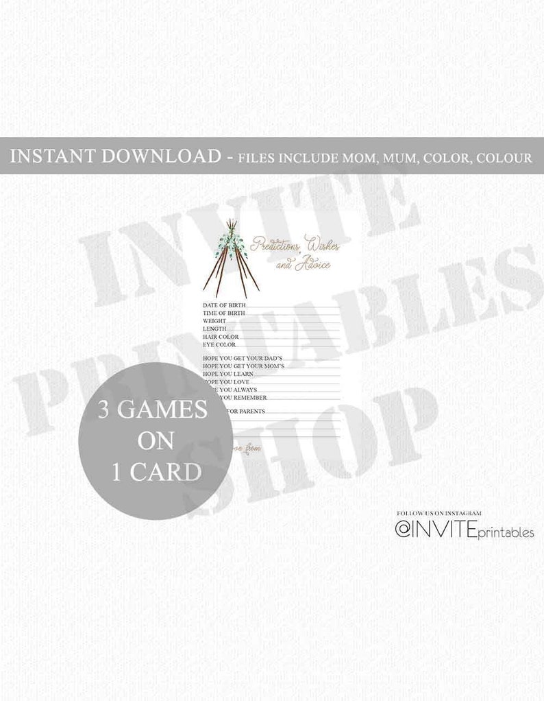 Baby Predictions Advice Wishes TeePee Baby Shower Games Boho TeePee Baby Games Leaves Branch Baby Advice Predictions Cards Baby Game Bundle