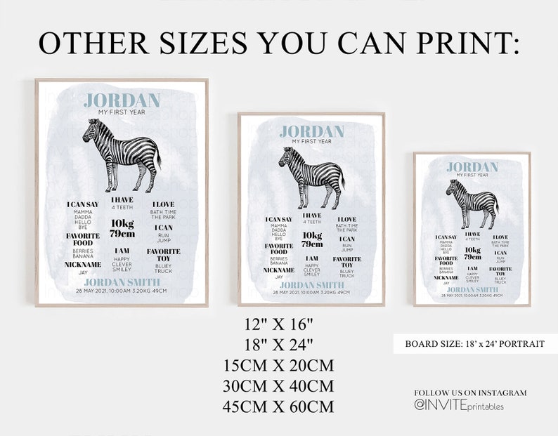 Watercolor Zebra Baby Milestone Board First Birthday Poster Welcome Board 1st Birthday Baby Keepsake Milestone Sign Modern Jungle 256