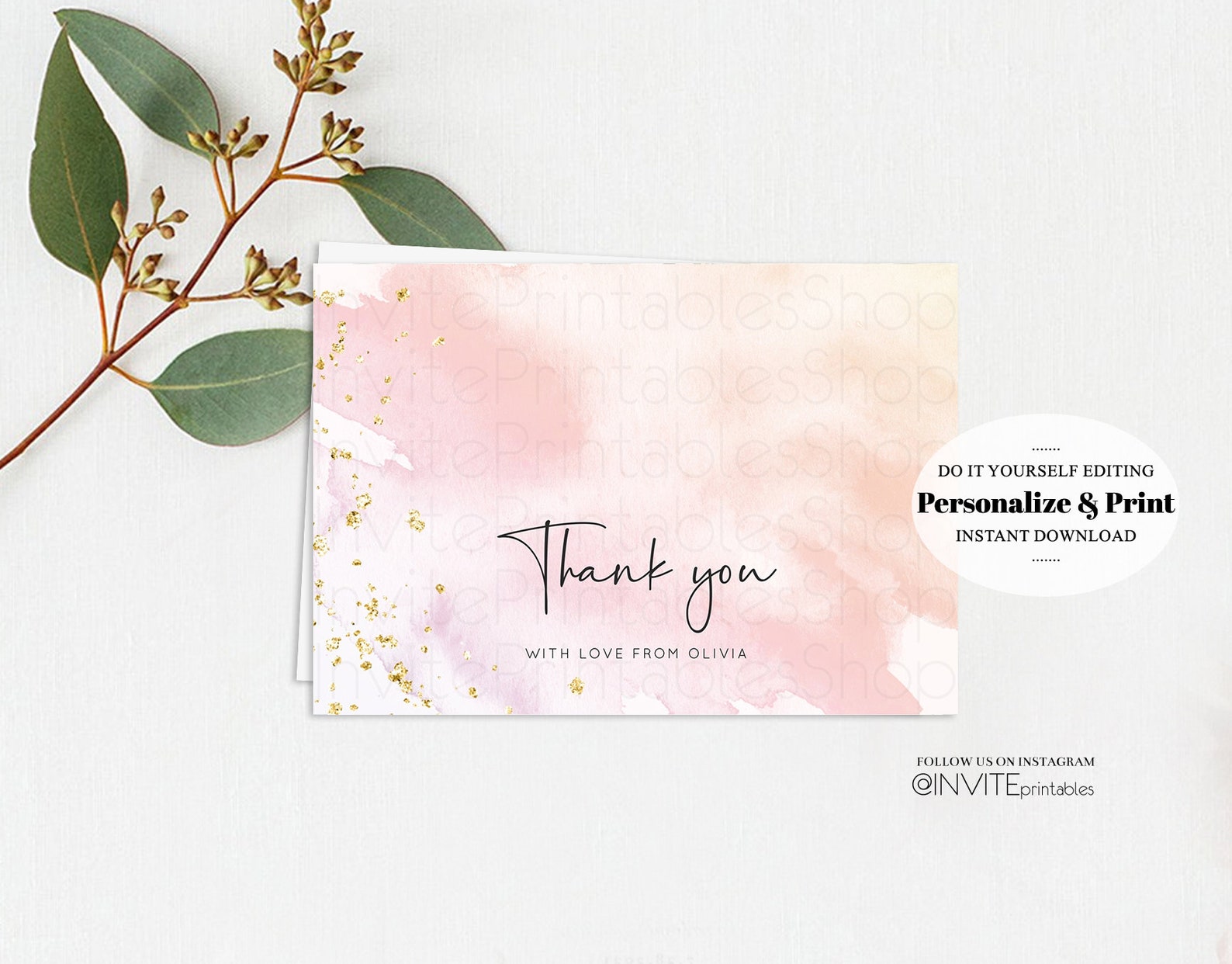 Pastel Pink Thank You Card Watercolor Gold Glitter Custom Etsy