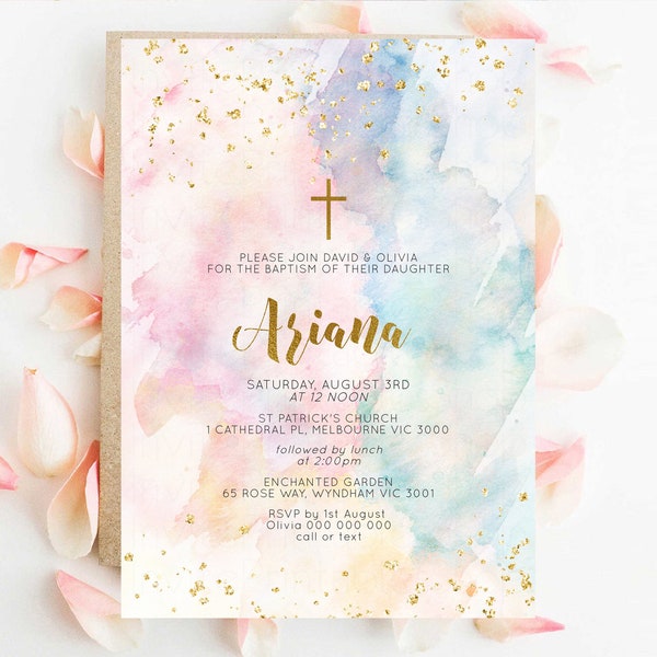 Rainbow Baptism Invitation Pastel Christening Invitation Holy Communion Invitation Glitter Watercolor Splash Invitation Colorful Invite 276