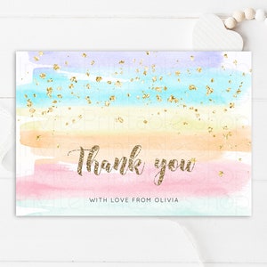 Pastel arc-en-ciel merci aquarelle colorée pliée cartes-cadeaux note personnalisée message paillettes anniversaire fiançailles baby shower mariage invités 525