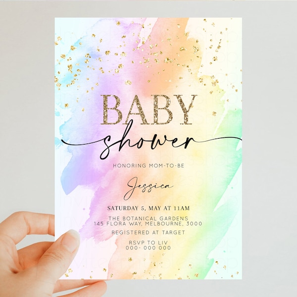 Rainbow Baby Shower Invitation Pastel Baby Shower Invitation Watercolor Ombre Invitation Rainbow Pastel Colors Invite Glitter Confetti t602