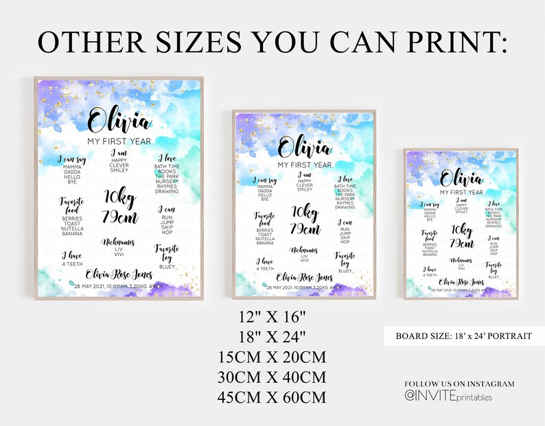Download Watercolor Blue Purple Baby Milestone Board First Birthday Poster Welcome Board 1st Birthday Baby Keepsake Milestone Sign Gold Glitter 217 Banners Signs Party Decor