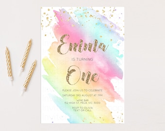 Rainbow Birthday Invitation Pastel Rainbow Birthday Invitation Ombre Watercolor Invite Colorful Splash Glitter Sprinkles 1st 2nd 3rd G518