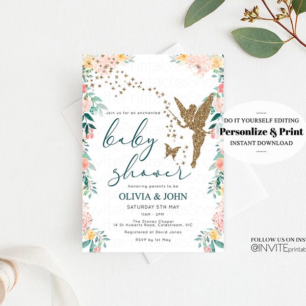 Fairy Baby Shower Invitation Enchanted Baby Shower Tinkerbell Gold Glitter Pixie Sprinkle Twinkle Stars Fairytale Pastel Watercolor Flowers