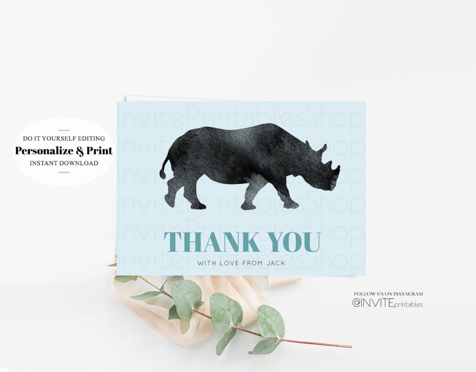 Rhino Thank You Card Watercolor Rhino Tropical Jungle Safari | Etsy