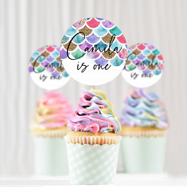 Rainbow Fish Cupcake Toppers Watercolor Mermaid Cupcake Rainbow Sea Cupcake Toppers Pastel Underwater Cupcake Rainbow First Birthday D10581