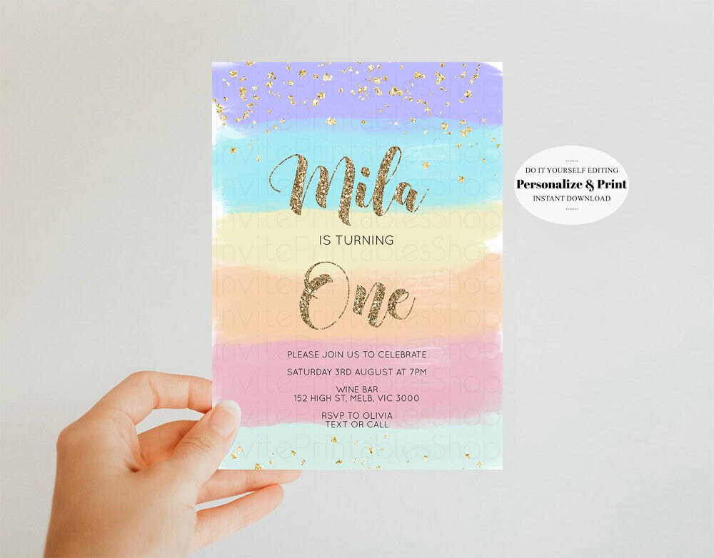 Rainbow Birthday Invitation Pastel Birthday Invitation Etsy