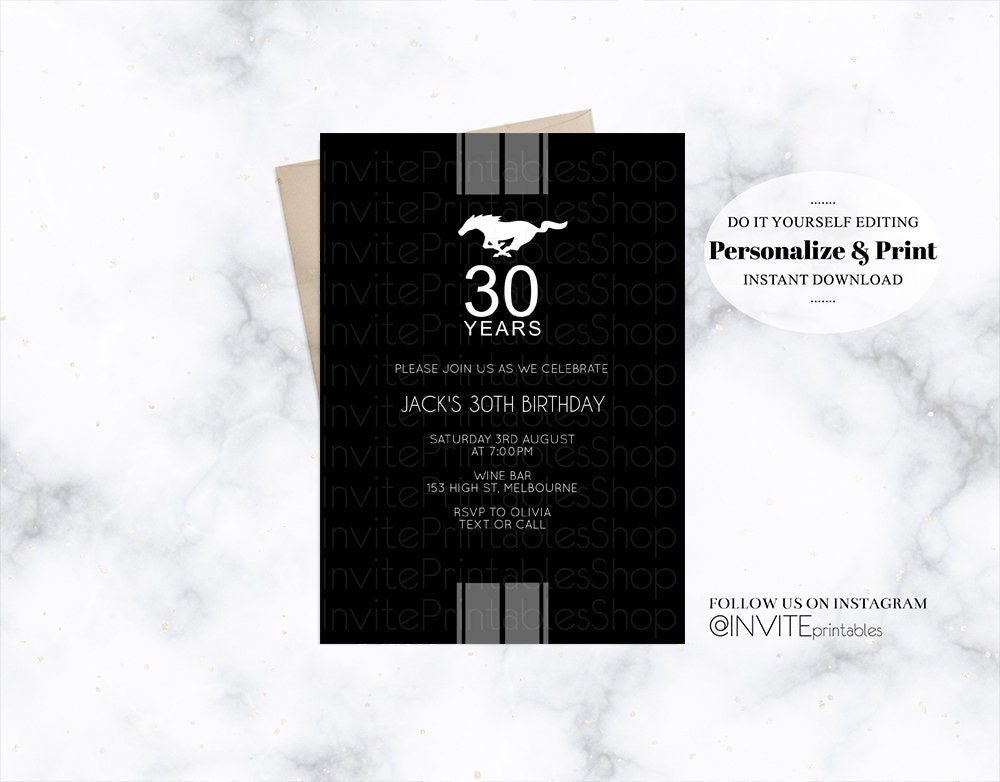 30th Car Mustang Birthday Invitation Ford Mustang Invitation Etsy