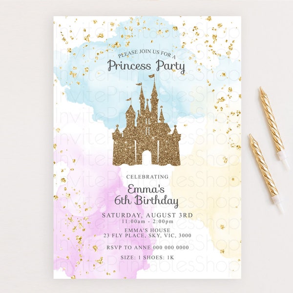 Princess Birthday Invitation Princess Invitation Pastel Invitation Royal Birthday Rainbow Color Enchanted Castle 1st First Birthday D10154