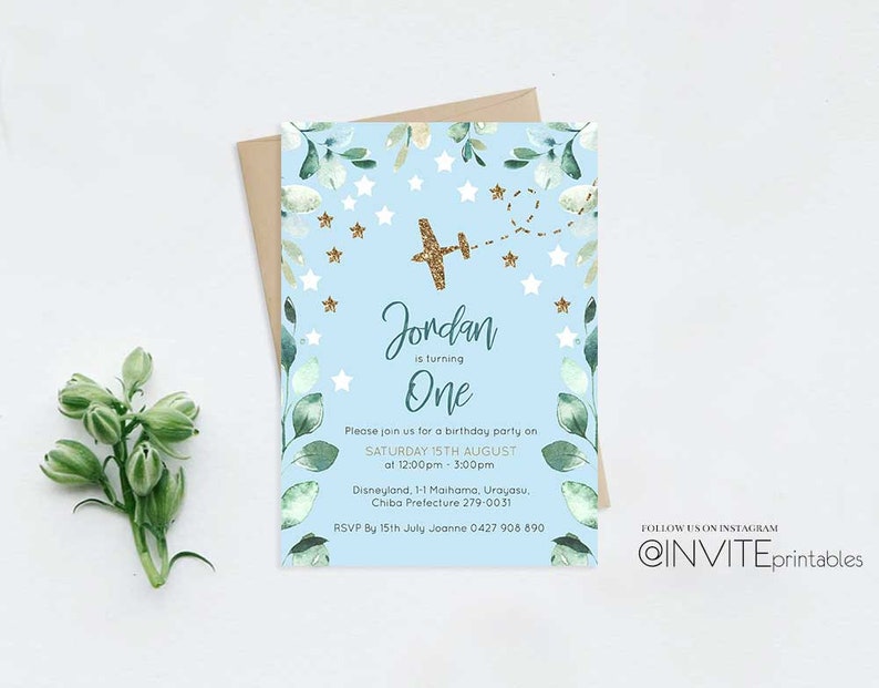 Plane Birthday Invitation Pastel Blue Party Invite Plane Green Invitation Aeroplane Invite Boy Party Invitation Blue Sky Leaf Stars Invites