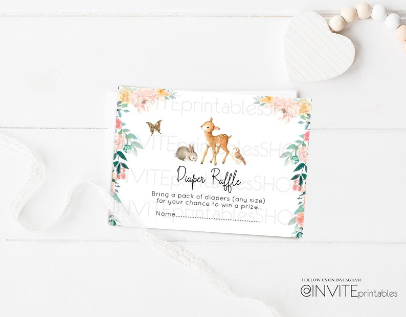 Diaper Raffle Card Bambi Baby Shower Diaper Insert Floral Fairy Garden Woodland Animal Enchanted Forest Glitter Fawn Deer Instant Download