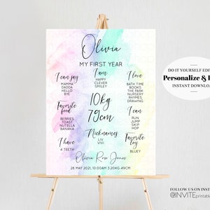 Baby Milestone Board First Birthday Poster Welcome Board 1st Birthday Baby Keepsake Milestone Sign Watercolor Colorful Rainbow Ombre C210