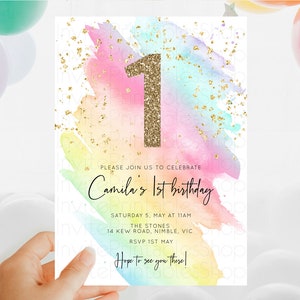 Rainbow Birthday Invitation Colorful Pastel Watercolor Invitation Gold Glitter Sprinkles Ombre Pastel 1st 2nd 3rd Birthday D10495