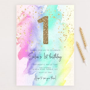 Rainbow Birthday Invitation Colorful Pastel Watercolor Invitation Gold Glitter Sprinkles Ombre Pastel 1st 2nd 3rd Birthday D10231
