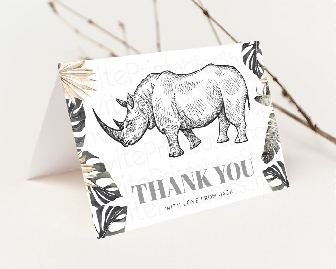 Rhinoceros Thank You Card Dried Palm Fern Wild One Safari Jungle Zoo ...