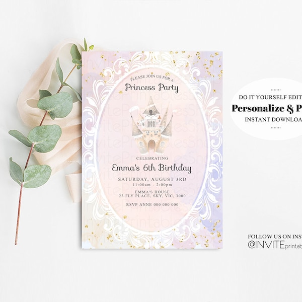 Princess Birthday Invitation Enchanted Castle Invite Royal Celebration Watercolor Mirror Mirror Gold Foil Glitter Purple Editable