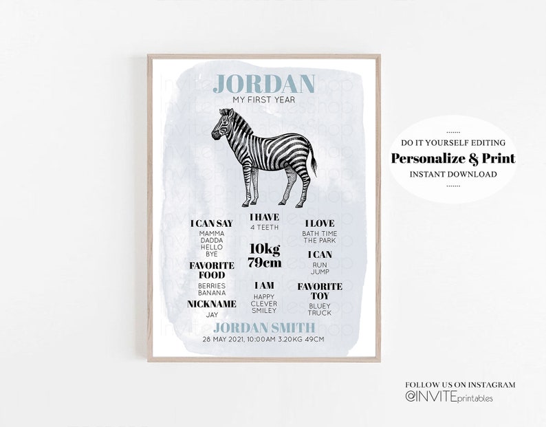 Watercolor Zebra Baby Milestone Board First Birthday Poster Welcome Board 1st Birthday Baby Keepsake Milestone Sign Modern Jungle 256