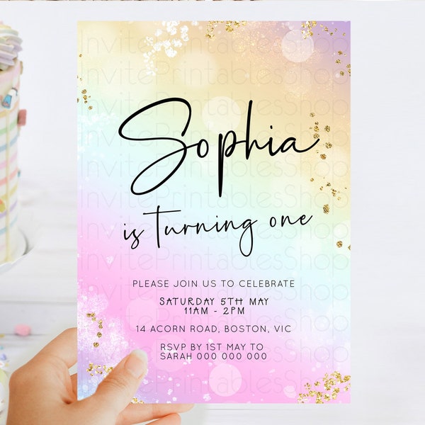 Pastel Birthday Invitation Ombre Watercolor Birthday Invitation Glitter Rainbow Color Splash 1st 2nd 3rd Birthday Invitation D23102