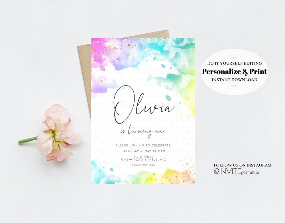 Colorful Rainbow Birthday Invitation Watercolor Splash Ombre Etsy