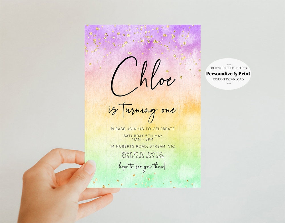 Rainbow Birthday Invitation Pastel Birthday Invitation Etsy